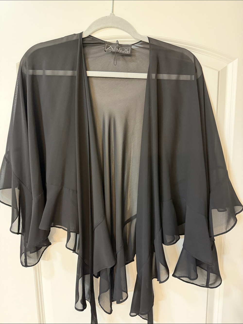 Alex Evenings Black Sheer Ruffle-Trim Open-Front Shrug